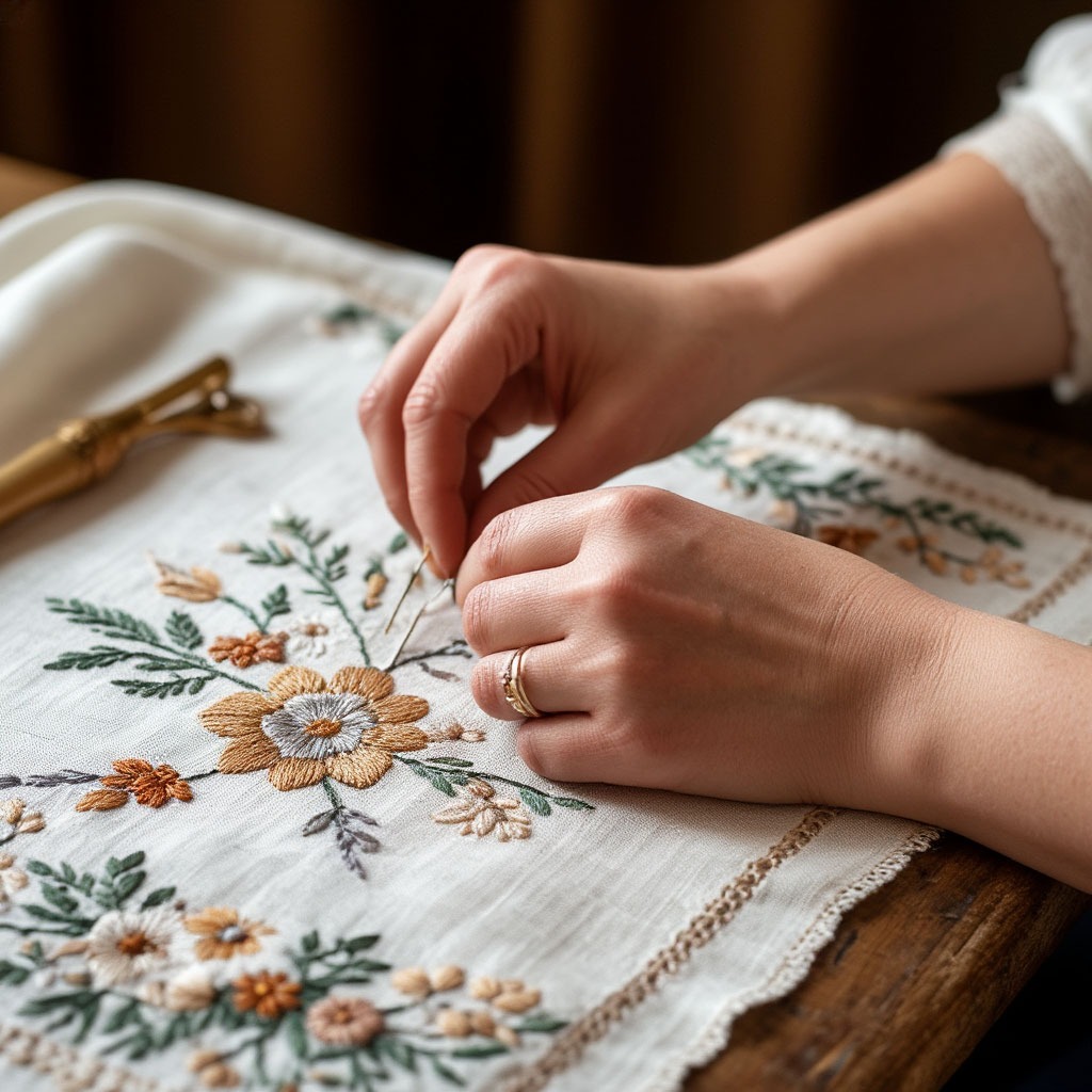 Artisan hand-embroidering luxury linen with traditional techniques