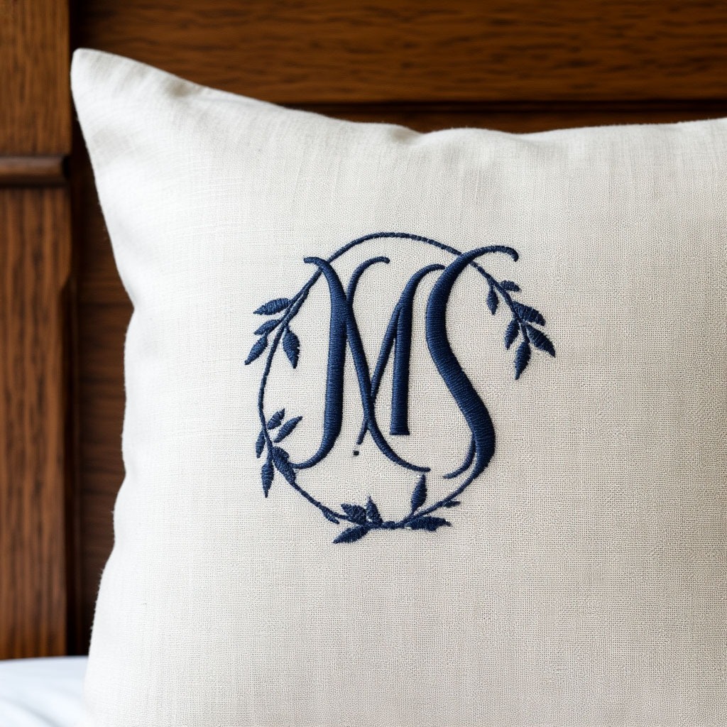Close-up of bespoke monogram embroidery on premium linen pillowcase